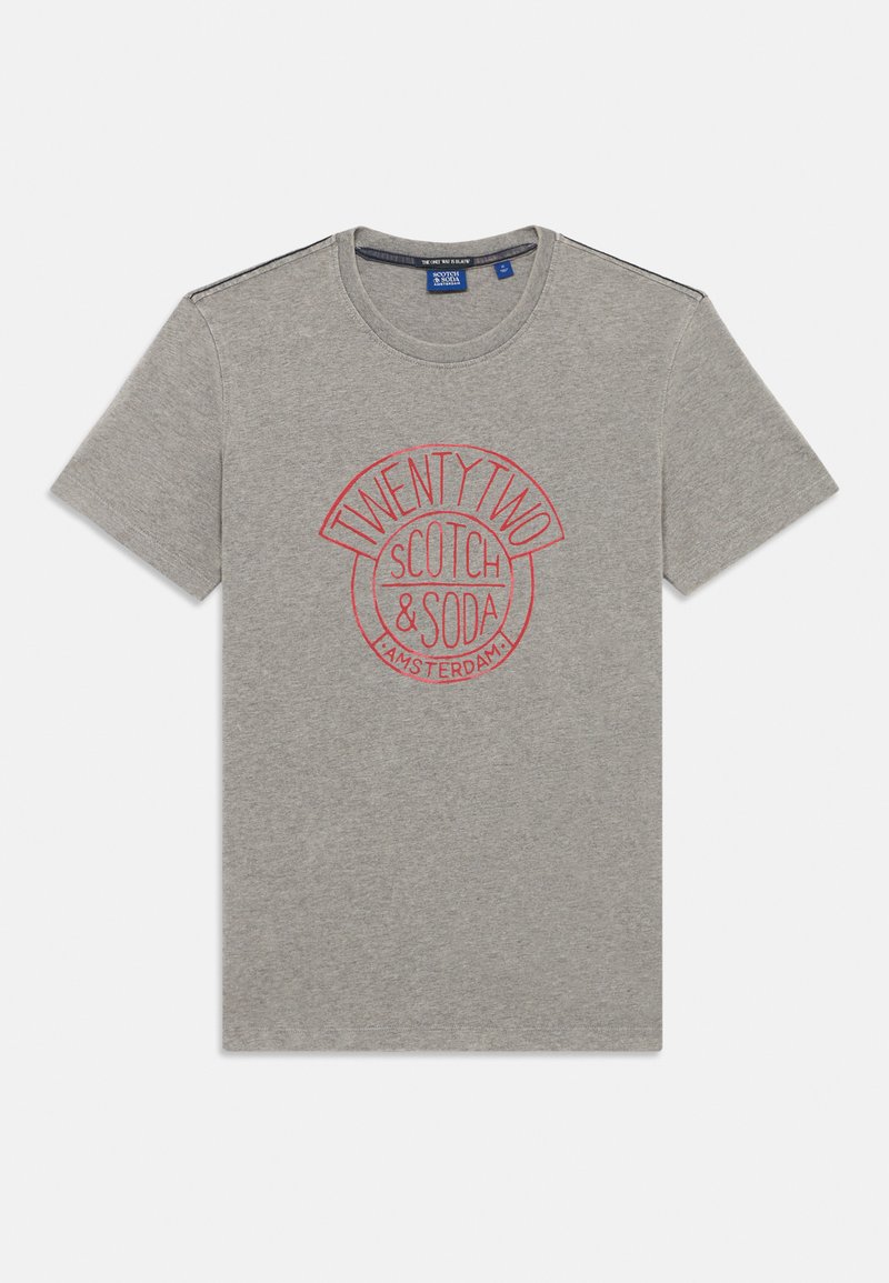 Gray cotton t-shirt with a round neckline, featuring a red circular graphic that reads "TWENTY TWO SCOTCH & SODA AMSTERDAM" on the front.