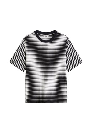 T-shirt à manches courtes rayé horizontalement noir et blanc avec un col rond noir, posé à plat sur un fond blanc.