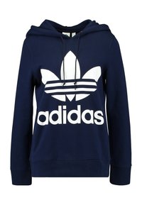 Marineblaue Kapuzenjacke aus Baumwolle, mit einem großen weißen Adidas-Logo und drei horizontalen Streifen unter dem Logo. Mit Kordelzug-Kapuze.