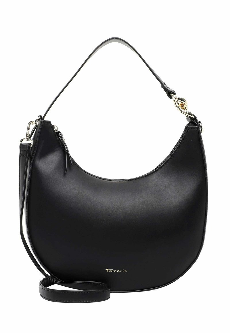 Černá kožená kabelka se zakřiveným tvarem, horním madlem a odnímatelným popruhem. Obsahuje zipové zavírání a zlaté kovové detaily.