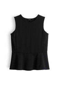 Zwarte mouwloze top met een ronde halslijn, peplum taille en gladde, gestructureerde stof. Het ontwerp is aansluitend zonder zichtbare sluitingen.