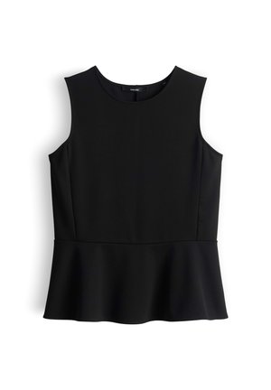 Black sleeveless top with a rounded neckline, peplum waist, and smooth, textured fabric. Design is fitted without visible fastenings.