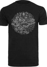Black t-shirt featuring a white outline design of various whimsical elements, including characters, objects, and a clock, in a circular pattern.