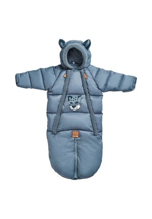Polstret, blå sovepose med hætte og bjørneører. Har en fluffy foring, dyreansigt design og en frontlynlås.