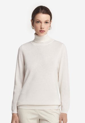 Weißer Rollkragenpullover, lange Ärmel, weicher Stoff, figurbetontes Design, gerippter Saum und Bündchen, minimalistische Textur, sauberes und einfaches ästhetisches Erscheinungsbild.