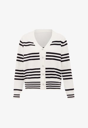 Fehér kardigán fekete vízszintes csíkokkal, V-kivágással és öt gombbal, díszített részletekkel egy kötött anyagon.