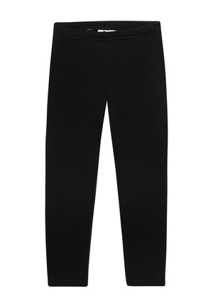 Schwarze Leggings aus einem dehnbaren Stoff, mit einem elastischen Taillenbund und einer glatten Textur ohne sichtbare Muster oder Beschläge.