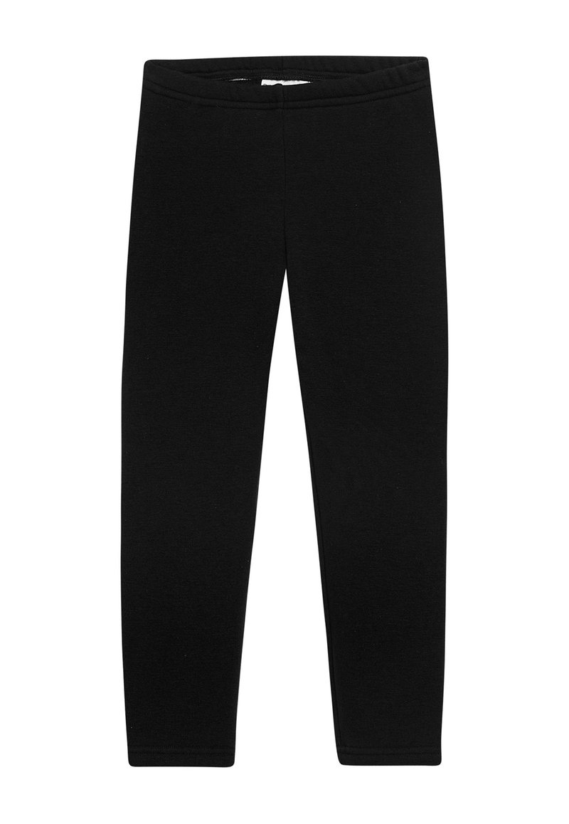 Schwarze Leggings aus einem dehnbaren Stoff, mit einem elastischen Taillenbund und einer glatten Textur ohne sichtbare Muster oder Beschläge.