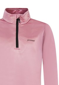 Roze zip-up top met hoge kraag en zwarte rits, met een gladde, licht glanzende textuur. Bevat een klein zwart logo op de borst.