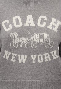 Γκρι πλεκτό ύφασμα με λευκά γράμματα «COACH» πάνω και «NEW YORK» κάτω από ένα γραφικό με άμαξα που τραβά άλογο σε ρετρό στυλ.