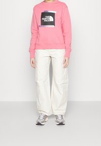 Maglione rosa con logo nero, abbinato a pantaloni cargo beige chiaro. Sneakers grigie con accenti a fantasia. Design semplice e vestibilità casual.
