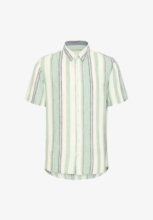 Lühikeste varrukatega nööbiga särk helesinises rohelises, millel on vertikaalsed triibud sinises, kreemis ja beežis. Omab klassikalist kraed ja kaarduvat hemline'i.