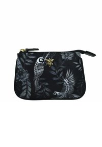 Zwarte ritszak met een monochroom vogel- en bloemenpatroon. Gouden bloemaccentdetail aan de voorkant. Glad oppervlak, zacht materiaal.