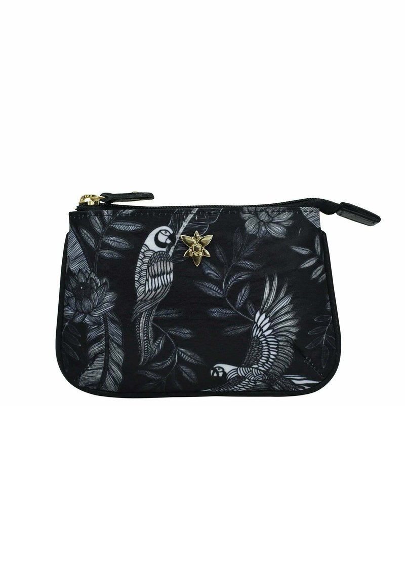 Zwarte ritszak met een monochroom vogel- en bloemenpatroon. Gouden bloemaccentdetail aan de voorkant. Glad oppervlak, zacht materiaal.
