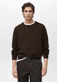 Brown knit sweater with a crew neckline, relaxed fit, and ribbed cuffs. Layered over a white shirt, paired with dark trousers and a black belt.