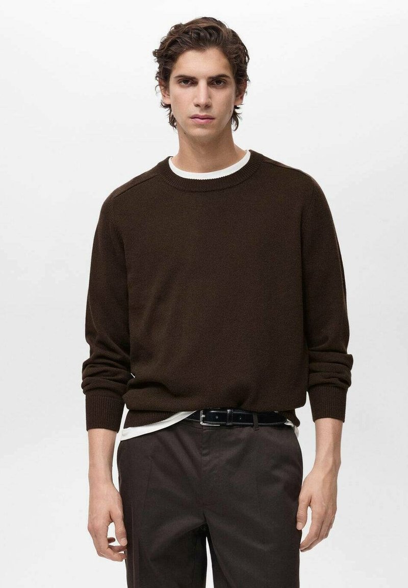 Brown knit sweater with a crew neckline, relaxed fit, and ribbed cuffs. Layered over a white shirt, paired with dark trousers and a black belt.