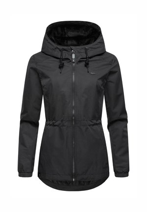 Veste légère noire avec capuche, fermeture éclair, taille ajustable par cordon, et doublure intérieure douce. Matériau extérieur lisse.