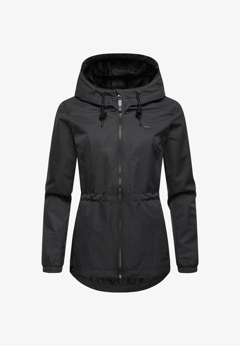 Juodas lengvas džemperis su gobtuvu, užtrauktuku, reguliuojamu raišteliu liemeniu ir minkšta vidine pamušalu. Lygi išorinė medžiaga.