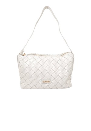 Borsa a tracolla in pelle bianca intrecciata con chiusura con cerniera e tracolla regolabile, forma rettangolare, targhetta con logo del marchio dorata sul davanti.