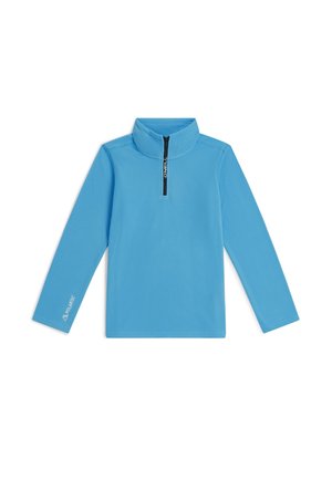 Hellblaues Fleece-Top mit langen Ärmeln, Viertel-Reißverschluss und Stehkragen, mit „O'Neill“ am Reißverschluss und „Polartec“-Logo am Ärmel.