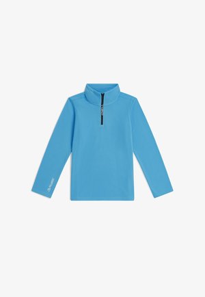 Haut polaire bleu clair à manches longues avec fermeture éclair quart de zip et col montant, avec "O'Neill" sur la fermeture éclair et le logo "Polartec" sur la manche.