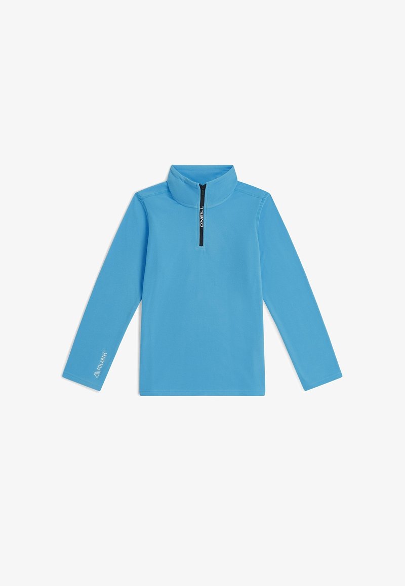 Haut polaire bleu clair à manches longues avec fermeture éclair quart de zip et col montant, avec "O'Neill" sur la fermeture éclair et le logo "Polartec" sur la manche.