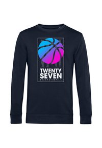 Felpa a maniche lunghe di colore blu navy con una grande grafica gradiente di un pallone da basket in blu e rosa, con il testo "TWENTY SEVEN BASKETBALL" sotto.