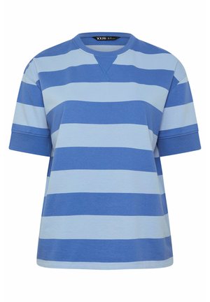 Blaues und hellblaues kurzärmliges T-Shirt mit breiten horizontalen Streifen, Rundhalsausschnitt und umgeschlagenen Ärmelsäumen.