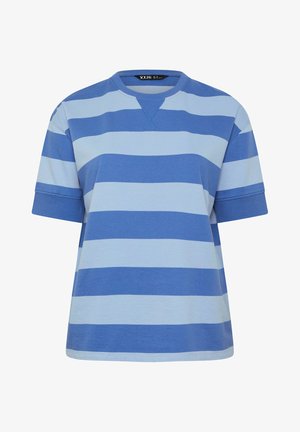 Blaues und hellblaues kurzärmliges T-Shirt mit breiten horizontalen Streifen, Rundhalsausschnitt und umgeschlagenen Ärmelsäumen.