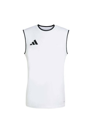 Maglietta sportiva bianca senza maniche con rifiniture nere sul colletto e sugli scalfi, con logo Adidas nero sul petto in alto a sinistra.