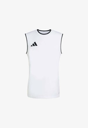 Biała sportowa koszulka bez rękawów z czarnym obszyciem na kołnierzu i pod pachami, z czarnym logo Adidas na górnej lewej części klatki piersiowej.