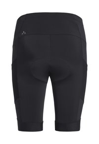 Black padded cycling shorts with a high waistband and side pockets, shown from the back.