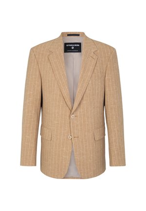 Beige Blazer mit gestreiftem Muster, zwei Knöpfen, Reverskragen und zwei Vordertaschen. Futter innen und Markenetikett sichtbar.