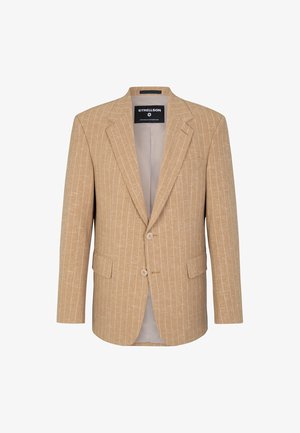 Beżowa marynarka w pasek, z dwoma guzikami, klapami w kształcie notcha i dwoma przednimi kieszeniami. Podszewka w środku i widoczna metka marki.