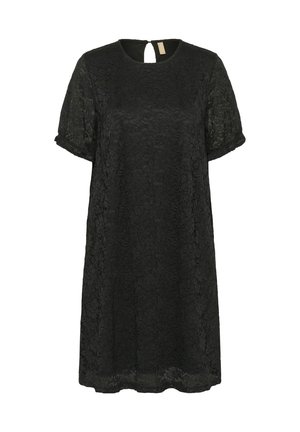 Melnas mežģīņu kleita ar īsām piedurknēm un apaļu kakla izgriezumu. Aizmugurē ir atslēgas cauruma detaļa un brīva A formas siluets.