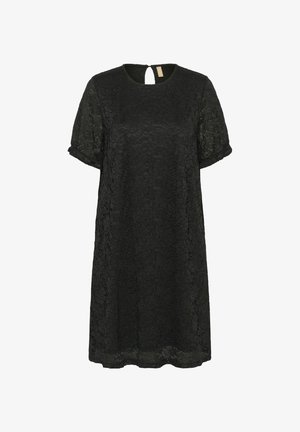 Melnas mežģīņu kleita ar īsām piedurknēm un apaļu kakla izgriezumu. Aizmugurē ir atslēgas cauruma detaļa un brīva A formas siluets.