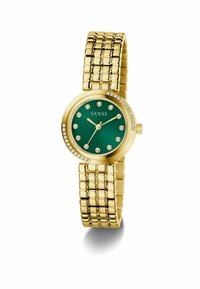 Reloj de pulsera dorado con esfera verde, adornada con cristales claros como marcadores de hora, y una correa texturizada en tono dorado que presenta eslabones cuadrados.