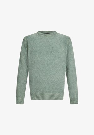 Zelený pletený sveter s rebrovaným okrúhlym výstrihom, dlhými rukávmi a rebrovaným lemom. Obsahuje textúrovaný vzor po celej látke.