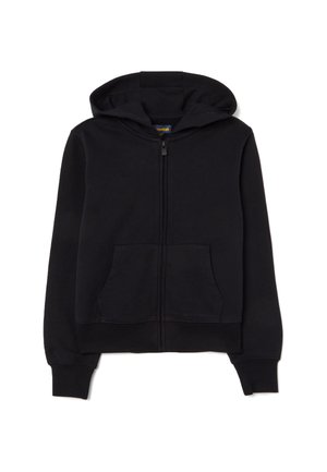 Veste à capuche zippée noire en tissu doux avec une capuche, des poches avant et des poignets et un ourlet côtelés. Design minimal sans logos visibles.