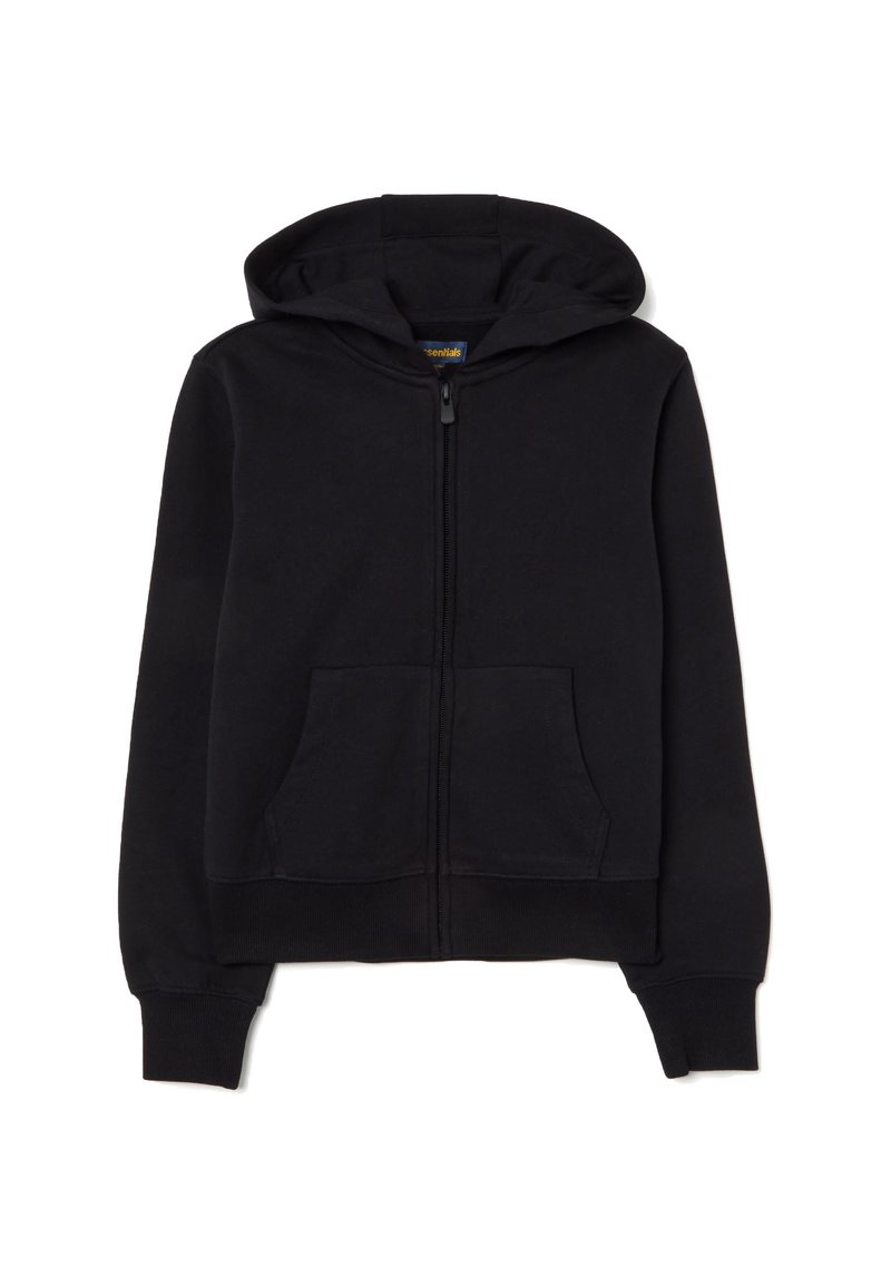 Sudadera con cremallera negra hecha de tela suave, con capucha, bolsillos frontales y puños y dobladillo acanalados. Diseño minimalista sin logotipos visibles.
