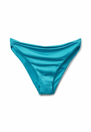 Parte inferior de bikini turquesa con textura suave, presenta un diseño fruncido a los lados y un corte clásico para una cobertura mínima.