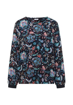 Schwarze Langarmbluse mit bunten Blumen- und Blattmustern in Blau, Pink, Türkis und Weiß, mit rundem Ausschnitt und elastischen Bündchen.