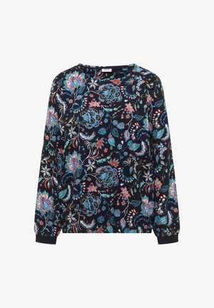 Černá dlouhý rukáv halenka s barevnými květinovými a listovými vzory v modré, růžové, tyrkysové a bílé barvě, s kulatým výstřihem a elastickými manžetami.