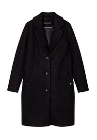 Zwarte wollen mix jas met een inkeping kraag, voorknopen, twee zijzakken en een rechte snit. Gladde binnenvoering.