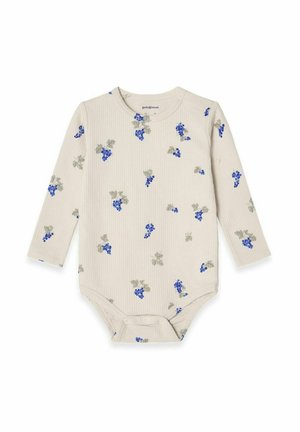 Vaaleanbeige pitkähihaisessa bodysuitissa on ribbikuvio, jossa on sinisiä viinirypäleklustereita ja vihreitä lehtiä. Pohjassa on neppari.