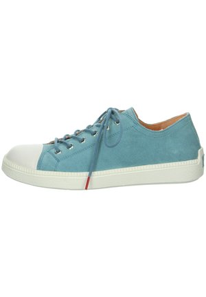 Light blue suede sneaker with white rubber toe cap and sole, featuring round laces and metal eyelets, and a small red accent on the sole.
