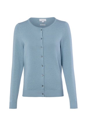 Cardigan azzurro chiaro a maniche lunghe con scollo rotondo e chiusura frontale con bottoni su sfondo bianco semplice.