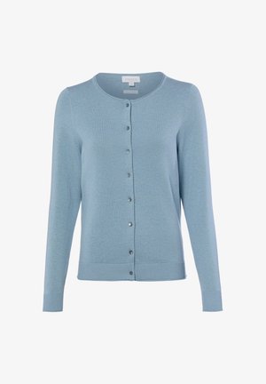 Hellblauer Langarm-Cardigan mit rundem Ausschnitt und Knopfleiste vorne auf schlicht weißem Hintergrund.