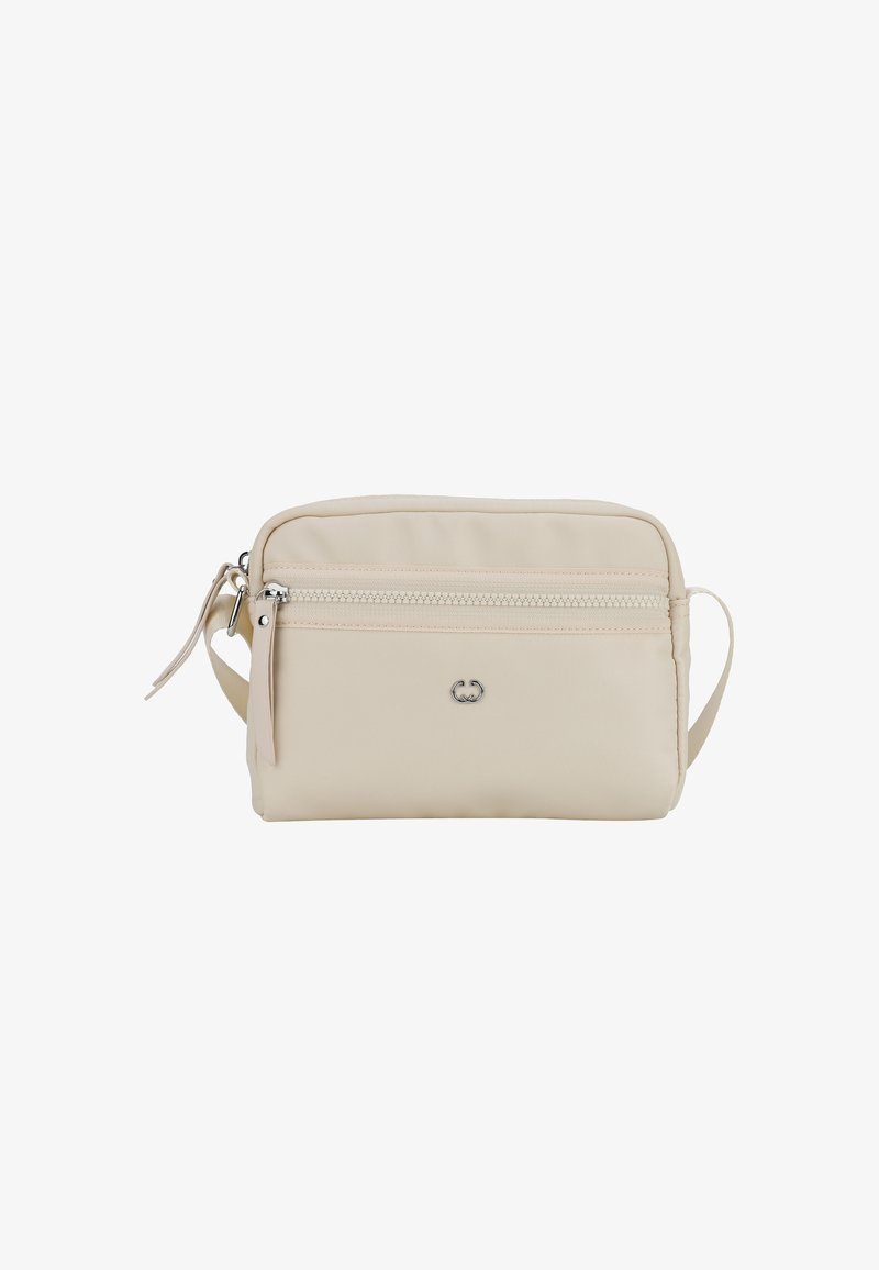 Borsa a tracolla sintetica beige con tasca frontale con zip, tracolla rimovibile e dettaglio del logo argentato. Texture liscia, forma rettangolare.