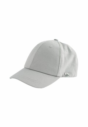Hellgraue Baseballmütze aus glattem Stoff, mit gebogenem Schirm und einem kleinen Berglogo-Anhänger an der Seite. Klassisches strukturiertes Design.